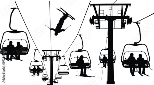 Ski lift chair silhouettes with skiers and snowboarder performing jump, winter mountain resort cable car transportation isolated vector illustration scene