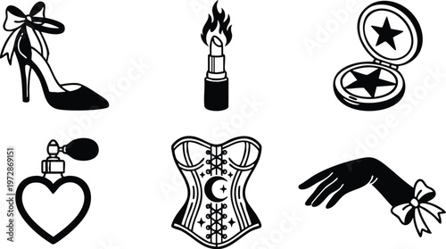 Black and white corset moon stars with lipstick flames high heel shoe and heart perfume bottle flat design