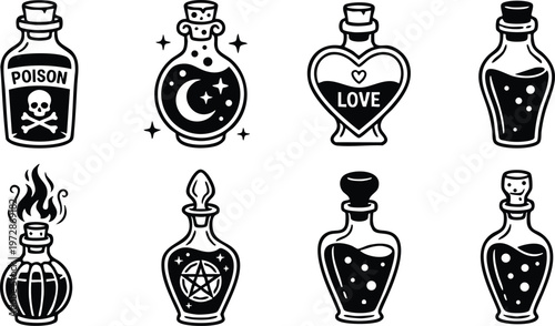 Magic potion bottles with poison love and celestial symbols