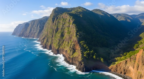 Stunning aerial panoramic view of rugged coastal cliffs covered in lush greenery bordering the deep blue ocean.