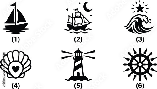 Black and white nautical icons sailboat ship wave shell lighthouse helm wheel vector art