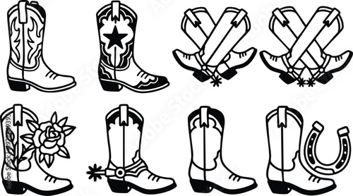Black and white western cowboy boots with spurs floral star and horseshoe line art vector