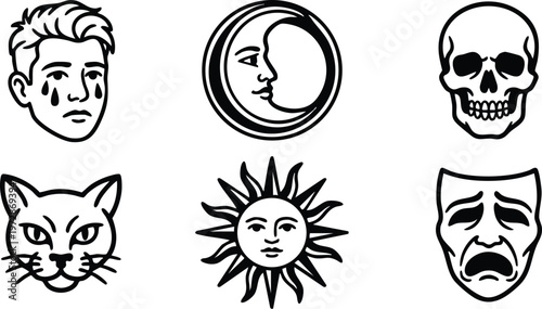 Black and white line art crying man moon skull cat sun and sad mask icons
