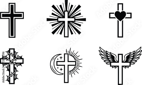 Black and white crosses with heart thorns moon rays and wings vector line art set