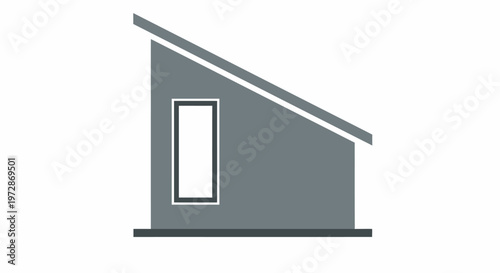 Minimalist gray building icon with a sloped shed roof and a single rectangular window, architectural graphic design element