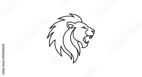 Minimalist roaring lion head outline illustration. Simple black and white line art vector graphic depicting power and strength.
