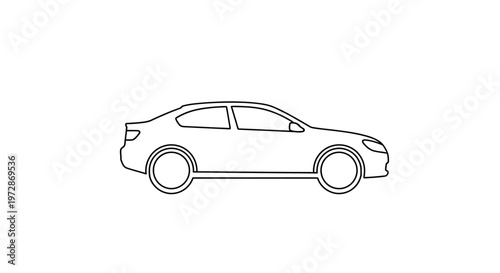 Simple line art drawing of a sedan car, generic vehicle outline icon, side view transportation illustration for web or app design.