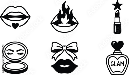 Black and white lip icons with heart bow lipstick flame and glam perfume bottle