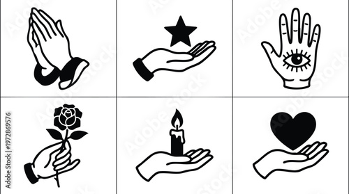 Hands holding star rose candle and heart icons