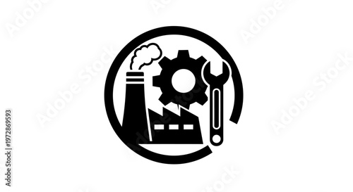 Industrial factory production icon with gear and wrench, symbolizing manufacturing, engineering, maintenance, and mechanical processes