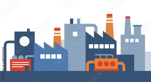 Industrial Factory Buildings with Smokestacks and Machinery.