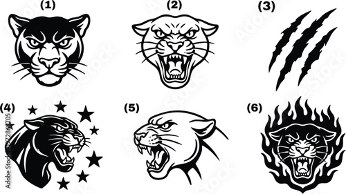 Black and white roaring panther head with flame outline vector art