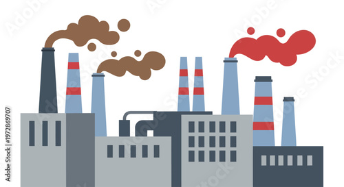 Industrial factory buildings with smoking chimneys polluting the environment.