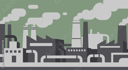 Industrial Factory Buildings with Smoking Chimneys Emitting Pollution.