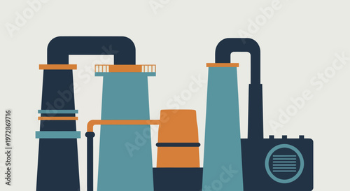 Industrial Factory Buildings with Tall Chimneys and Pipes.