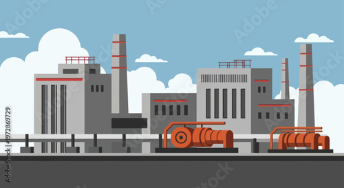 Industrial factory complex with machinery and smokestacks.