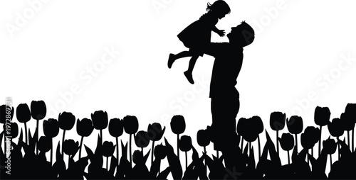 Father lifting child silhouette in flower field, family love and bonding moment, parent and kid playing outdoors, black vector illustration