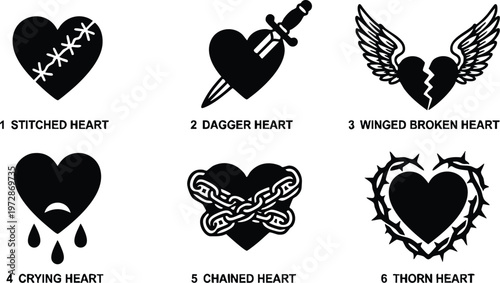 Black and white line art collection of six heart designs with stitches dagger wings tears chains and thorns