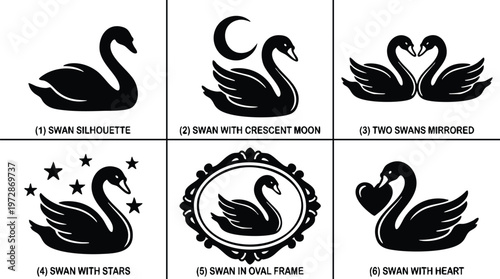 Black swan silhouette with crescent moon heart stars and oval frame set vector art