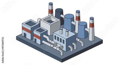 Industrial factory complex with multiple buildings and smokestacks.