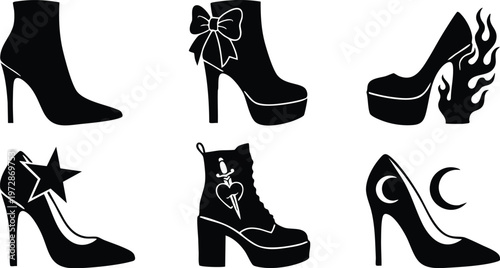 Black high heel shoes with star moon flame bow and heart tattoo decorations vector art