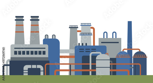 Industrial Factory Complex with Smokestacks and Pipes.