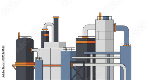 Industrial factory complex with multiple towers and pipes.