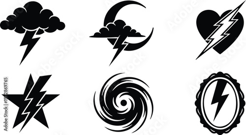 Black thunderstorm lightning bolt icons with cloud star heart and swirl shapes