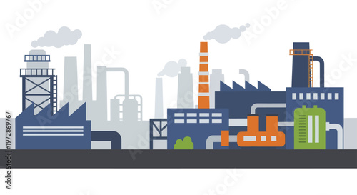 Industrial Factory Complex with Smokestacks and Pipelines.