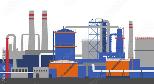 Industrial factory complex with multiple buildings and smokestacks.