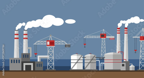 Industrial factory with smoking chimneys and cranes.