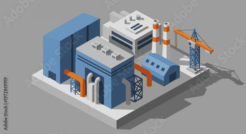 Isometric Industrial Complex with Factories and Construction Crane.