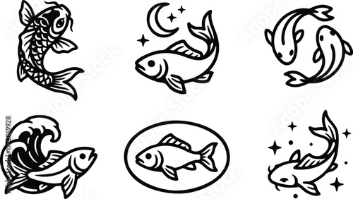 Koi fish collection with moon stars and waves