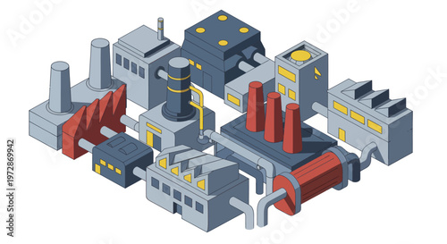Isometric Industrial Complex with Multiple Factory Buildings and Chimneys.