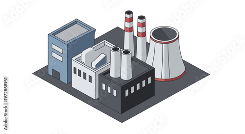 Isometric Industrial Factory Building Complex with Cooling Tower and Chimneys.