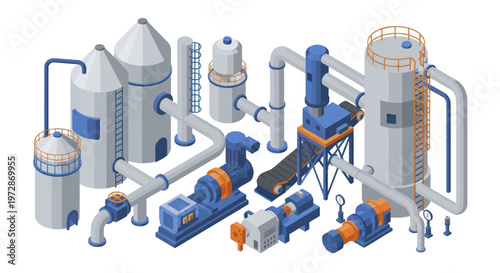 Isometric Industrial Equipment for Chemical and Manufacturing Plants.