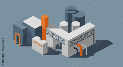 Isometric Industrial Factory Building Complex with Smokestacks.