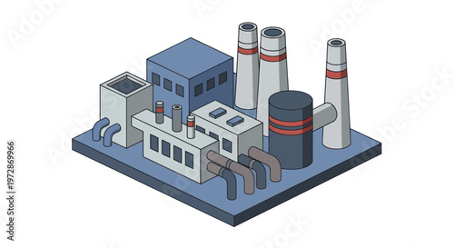 Isometric Industrial Factory Building with Smokestacks and Pipes.