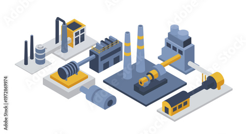 Isometric Industrial Factory Buildings and Manufacturing Equipment.