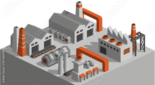 Isometric Industrial Factory Complex with Chimneys and Pipes.