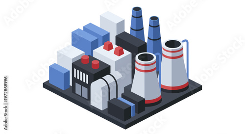 Isometric Industrial Factory Complex with Cooling Towers and Smokestacks.