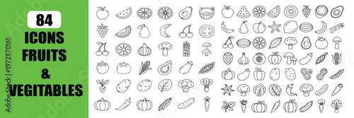 Set of 84 Hand Drawn Fruit and Vegetable Line Icons