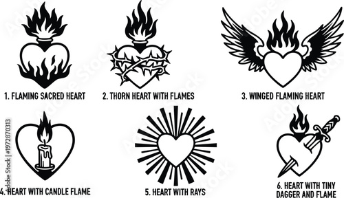 Black and white flaming sacred heart thorn dagger candle with rays vector art