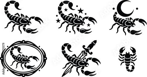 Black and white scorpion zodiac and symbol icons set with stars moon dagger and frame