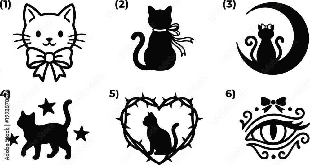Obraz premium Black cat silhouettes with bows crescent moon heart thorn and decorative eye vector art