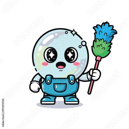 Cartoon character holding cleaning duster tool.