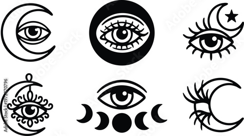 Black and white mystical crescent moon and eye vector art symbols