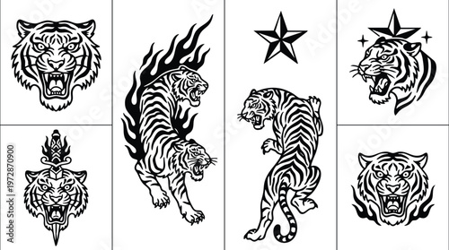 Black and white tiger head and full body flaming star vector line art