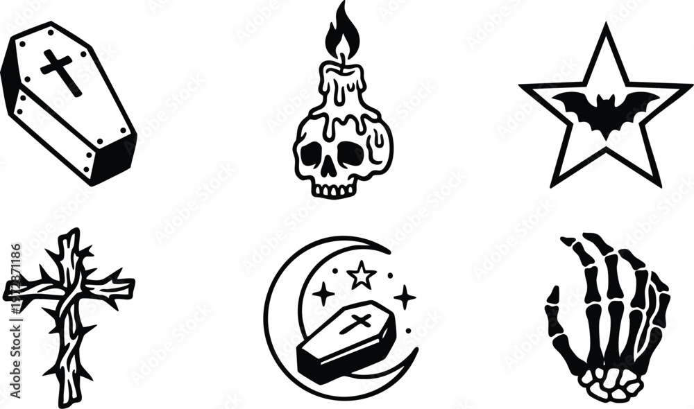 Naklejka premium Black and white gothic coffin day of the dead skeleton hand candle and bat icons set