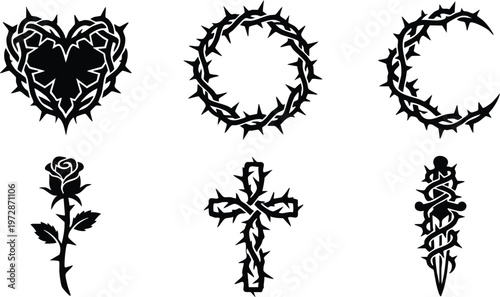 Black thorn heart crown rose cross and dagger vector art set